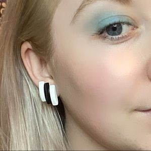 Vintage Clip On Earrings Black & White Stripes Glam Chunky Avon